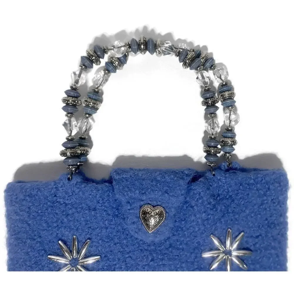 Handmade Alpaca Wool Purse Blue Satchel Bag Silver Accents 10x7.5 Vintage